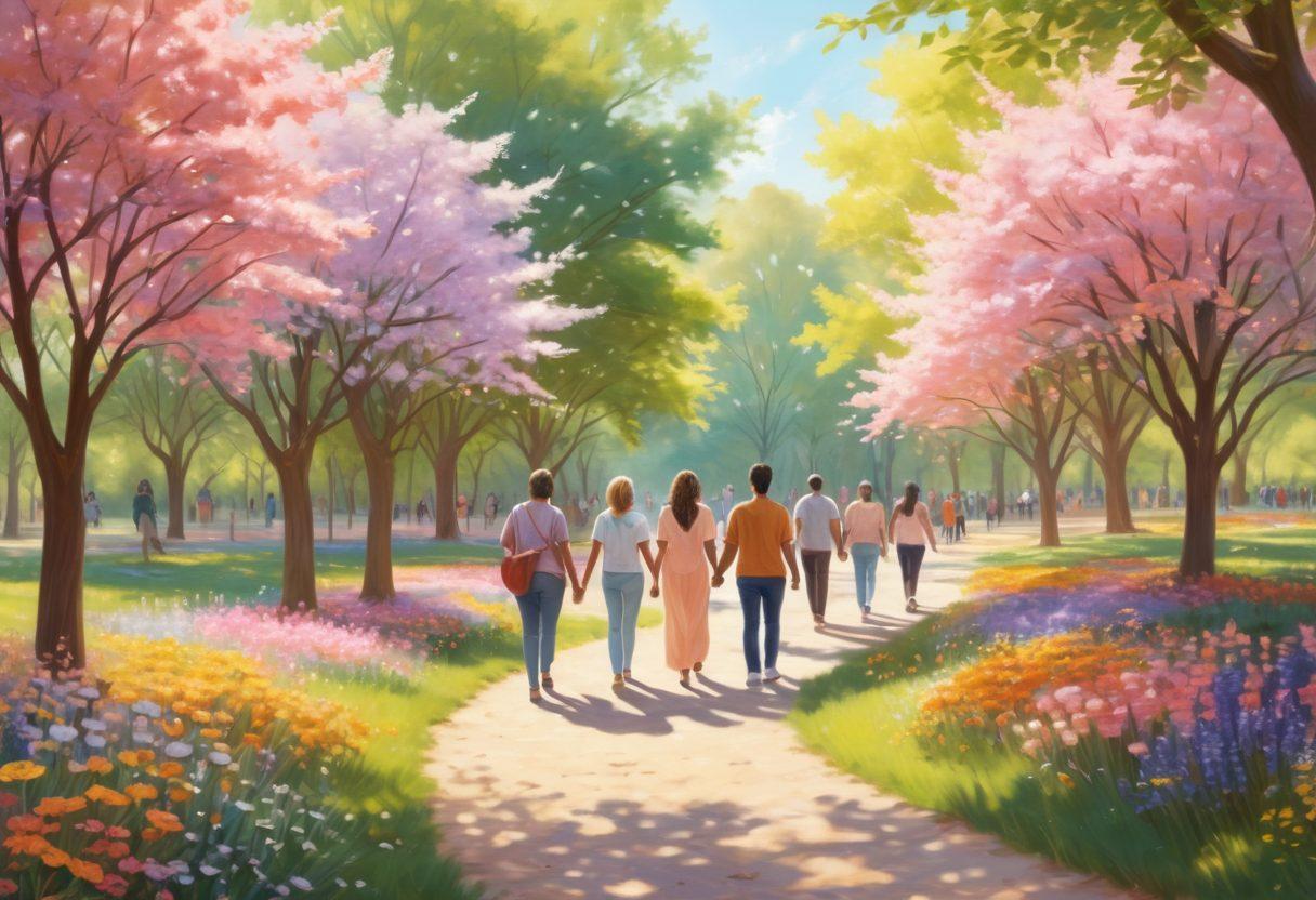 A serene gathering of diverse individuals in a sunlit park, engaged in supportive activities like group therapy and mindfulness sessions, with soft pastel colors and blooming flowers symbolizing hope and healing. In the background, a gentle path winds through trees, representing the journey of recovery, while hands are joined together in unity. super-realistic. vibrant colors. soft focus.