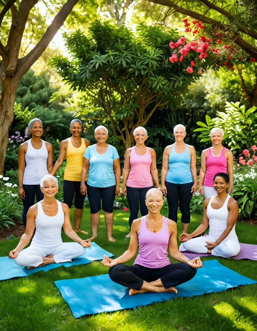 A serene and uplifting scene showcasing a diverse group of cancer survivors in a lush garden, embracing wellness through yoga, meditation, and laughter. Gentle sunlight filters through the trees, illuminating their joyful expressions as they support each other with warm smiles and hugs. Beautiful flowers bloom around them, symbolizing hope and resilience. The atmosphere exudes tranquility and positivity. vibrant colors. super-realistic.