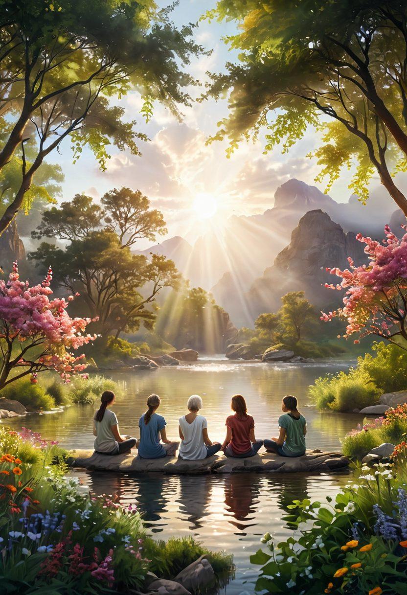 A serene landscape showing a diverse group of survivors in a circle, sharing stories and supporting each other, surrounded by blooming flowers symbolizing hope. Include elements like a sunlight beam breaking through clouds and a soft flowing river to represent healing. Add visual metaphors for treatment options like books, herbal remedies, and wellness techniques artistically placed within the scene. super-realistic. vibrant colors. soft focus.